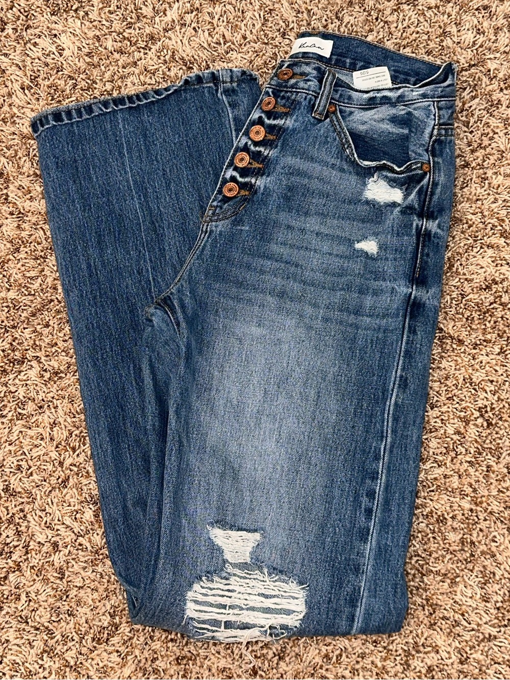 KanCan Distressed Medium Blue Straight Leg Jeans with Button Fly